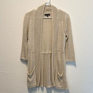 Sisters Beige Open Knit Cardigan Size L Tan Soft Cozy Warm Neutral Boho Casual